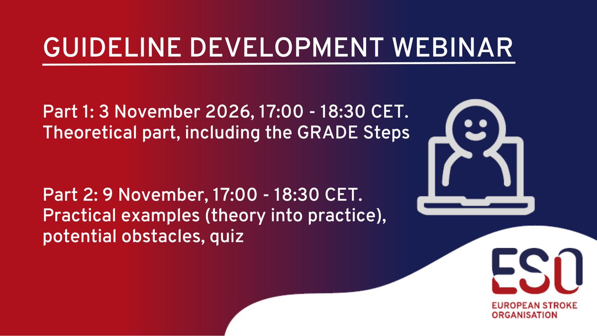 ESOstroke's tweet photo. How are evidence-based stroke guidelines developed?
Join the ESO Guideline Development Webinar to explore GRADE methodology and practical guideline development.

📅 3 &amp; 9 November | 17:00 CET

👉 Register now: https://t.co/XRUPz8nAjy

 #Stroke #StrokeResearch #StrokeCare https://t.co/25WeDQ4q0Y