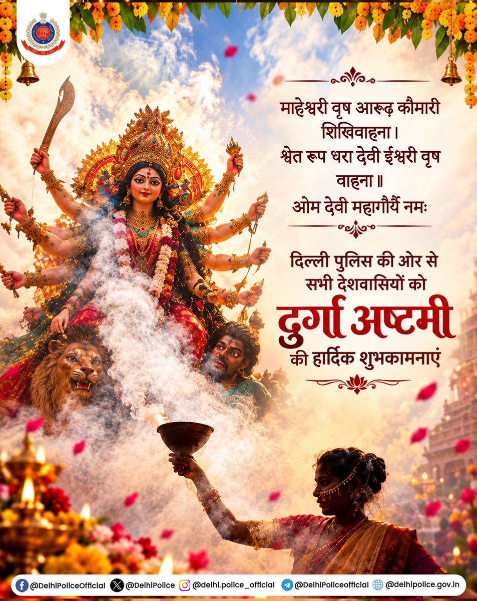 DelhiPolice's tweet photo. माँ दुर्गा की दिव्य ज्योति से हर आँगन आलोकित हो, उनकी असीम कृपा से हर जीवन सुख, शांति एवं समृद्धि से परिपूर्ण हो।

दिल्ली पुलिस की ओर से समस्त देशवासियों को पावन दुर्गाष्टमी की हार्दिक मंगलकामनाएँ। 🙏🌸

@LtGovDelhi

#DPUpdates
#DurgaAshtami https://t.co/DtKeHwoAyY