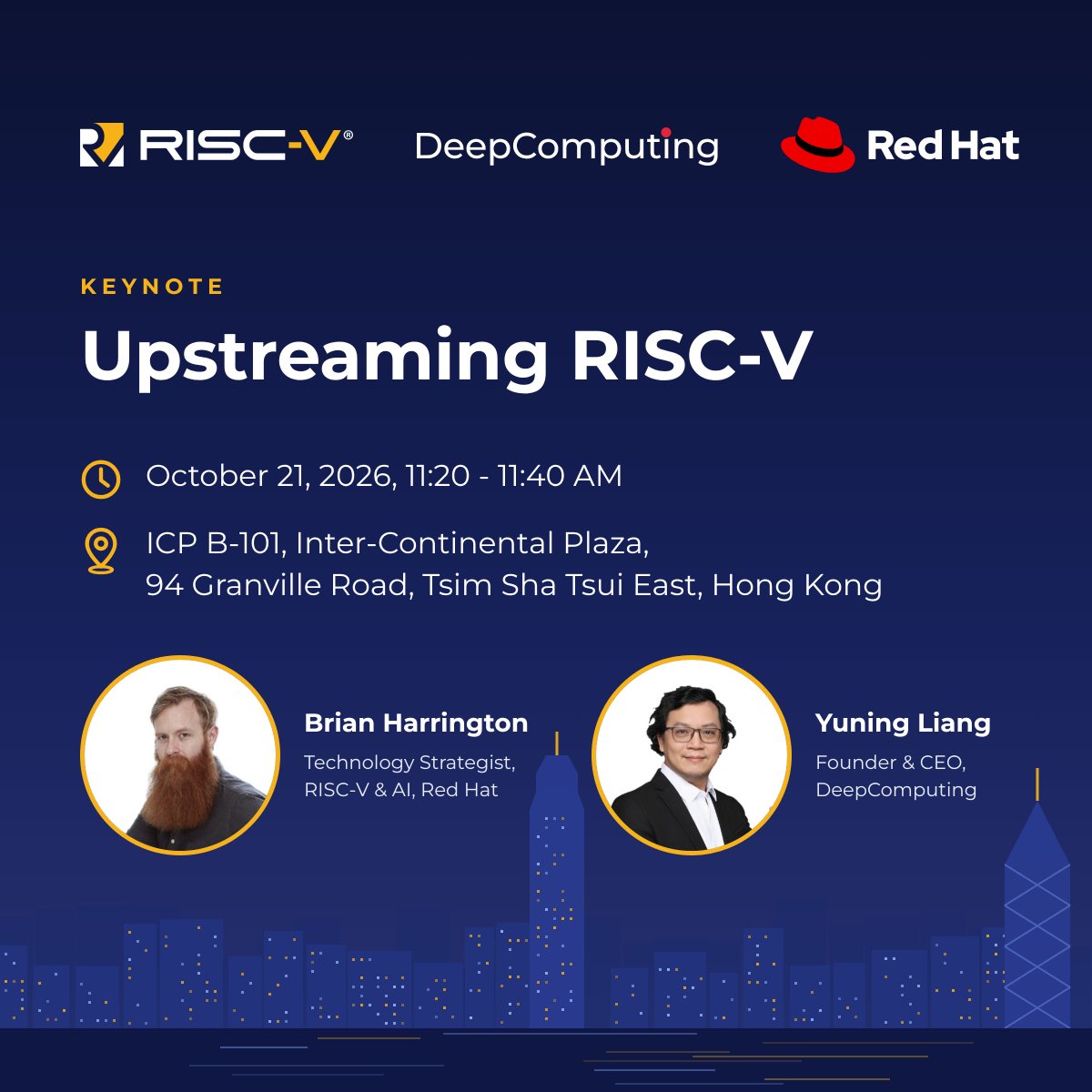 DeepComputingio's tweet photo. Great RISC-V hardware is only half the story. The other half is software that just works, and that starts upstream.

If you build, ship, or care about RISC-V software, come and join @Yuning_XC5 and Brian 'redbeard' Harrington for a keynote on "Upstreaming RISC-V". 

#RISCV #RISCVHKDays #Kernel