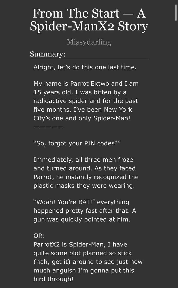 mmissyx2's tweet photo. From The Start — A Spider-ManX2 Story

A #parrotx2 centric fic in which he is Spider-Man! 

Lots of plot, 
#cartwingsduo ,
#odysseyduo , 
#uuquartet + minute tech siblings/found family 

And Angst of course

currently at almost 20k words, 4 chapters &amp; ongoing https://t.co/rIJdWD65Le