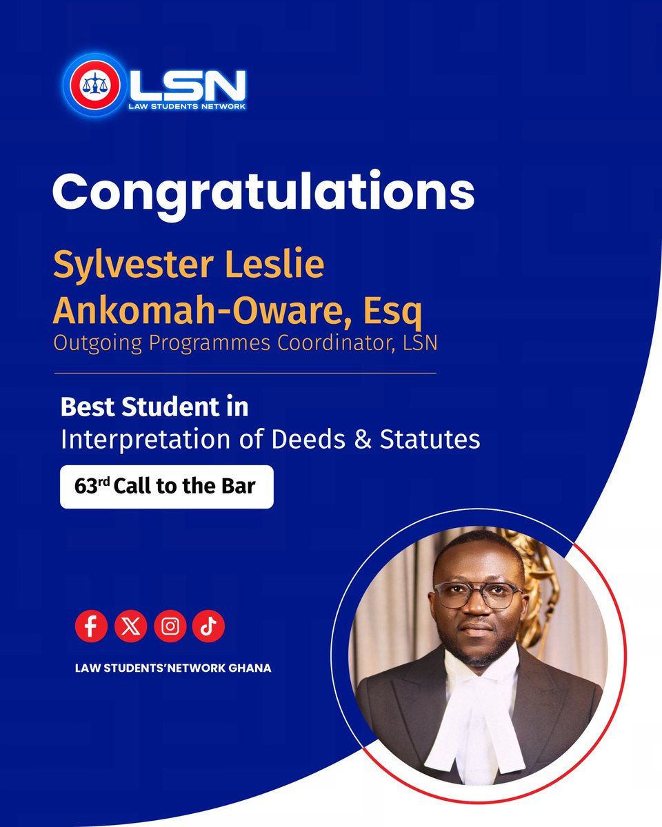 LSN_GHANA's tweet photo. A week after the 63rd Call to the Bar, we are still beaming with pride! ⚖️✨

Huge congratulations to our Members, Clement Kantam Esq. and Sylvester Leslie Ankomah-Oware Esq., for etching your names into history.

You've made the LSN incredibly proud. Keep striving for greatness! https://t.co/5ZEyqXonLh
