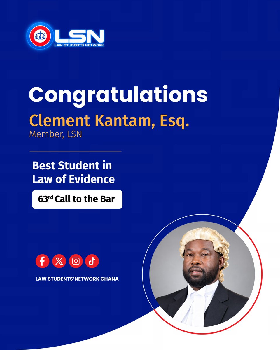 LSN_GHANA's tweet photo. A week after the 63rd Call to the Bar, we are still beaming with pride! ⚖️✨

Huge congratulations to our Members, Clement Kantam Esq. and Sylvester Leslie Ankomah-Oware Esq., for etching your names into history.

You've made the LSN incredibly proud. Keep striving for greatness! https://t.co/5ZEyqXonLh