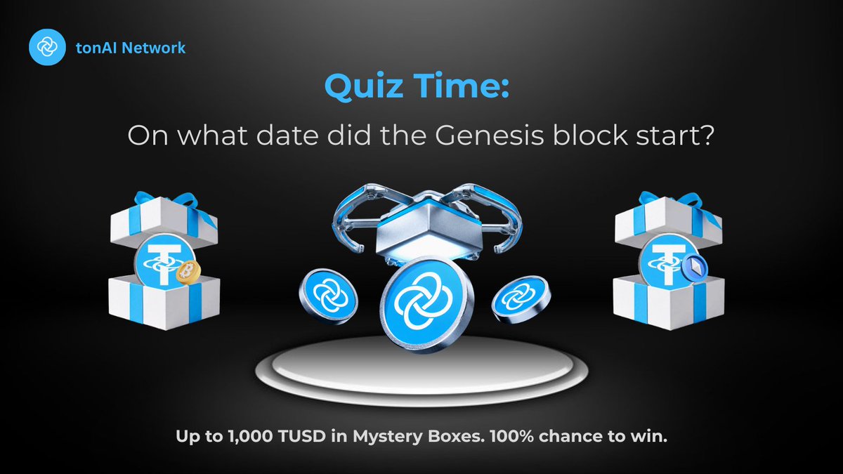 tonAInetwork's tweet photo. 📝tonAI Network Quiz Time

You can win up to 1,000 TUSD in Mystery Boxes.

▪️Comment your answer and receive Mystery Box that may contain Mining Booster, TAI coins, TUSD coins, BTC coins or something else with 100% chance to win.

Question: On what date did the Genesis block start?

Here’s how to enter:
🔁 Retweet this post
💬 Comment the correct answer with your TAI-20 address

📲Start mining TAI at https://t.co/w0OcRJkYMt