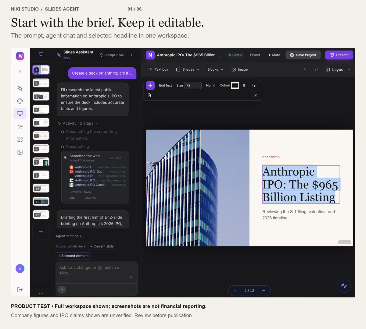 nkhanna24's tweet photo. What makes an AI agent’s output better?

To Solve the quality issue on my Slides agent, I came back to a consulting habit: BREAK DOWN THE PROBLEM.

The early decks from my Slides Agent in https://t.co/LPki0FJ9i6 looked tidy but read thin. “Make a better presentation” left too many decisions undefined.

So I broke the guidance into:

• Research: what needs evidence, and what is unknown?
• Framework: is this a pitch, a comparison or a before-and-after story?
• Audience: what does the reader need to decide?
• Each slide: what question does it answer?
• Layout: which arrangement explains the content?
• Copy: what detail makes the point clear?
• Facts: what came from the brief, research or calculation? What is only an example?
• Design: do fonts, colours and spacing hold together?

The lesson carries beyond presentations: if you’re building an agent, take an output you know how to judge and write down why you’d send it back. Those reasons are useful guidance and checks for the next attempt.

The Anthropic deck here shows how that’s coming together. From a short brief, the agent researches the topic and builds an editable presentation beside the chat.

That’s where experience doing the work helps you build a better agent.