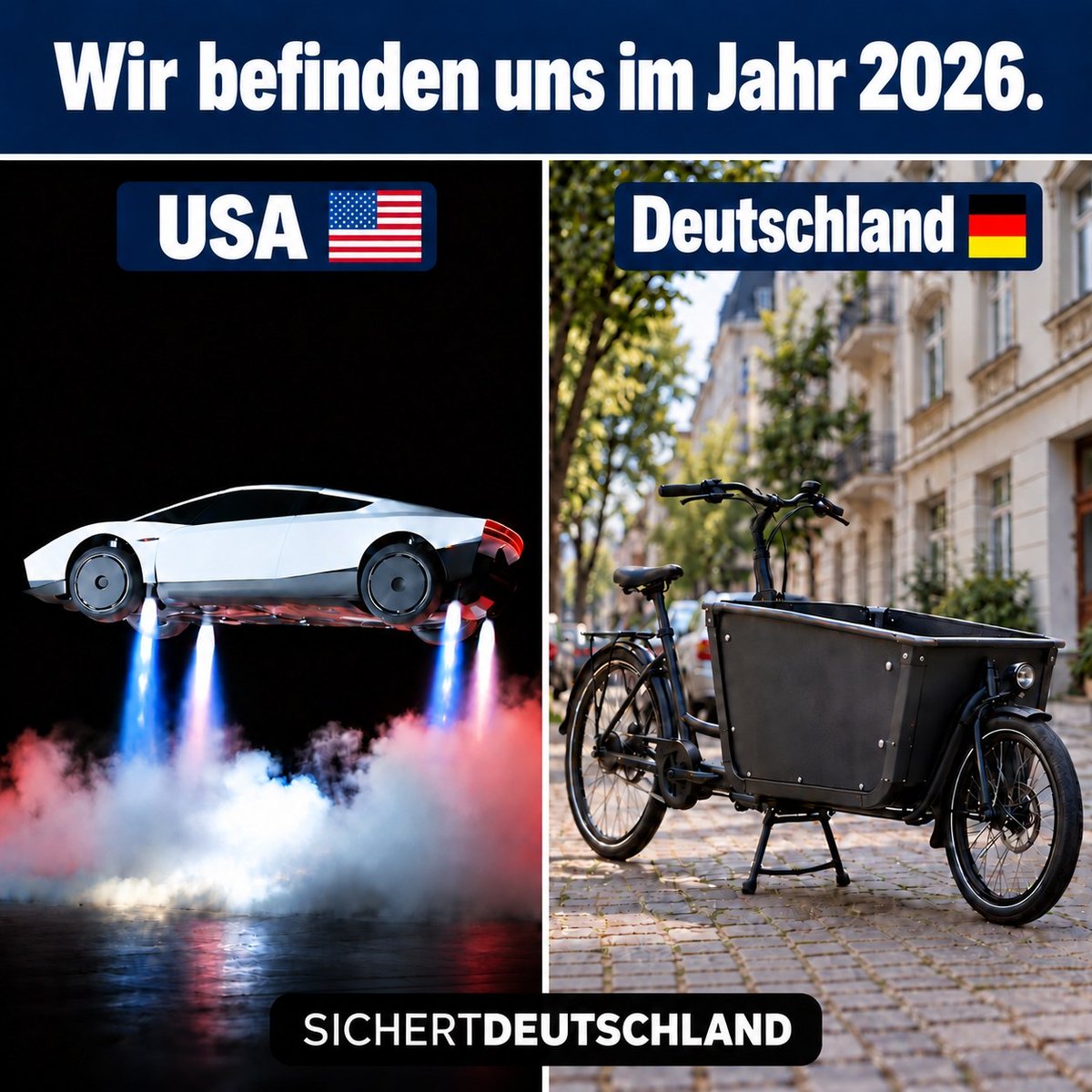 erdbeerbuegler's tweet photo. USA vs BRD-Buntland 2026:

Tesla hat kürzlich das erste Auto mit Raketenantrieb vorgestellt: Der Tesla Roadster kann fliegen! 

Und was haben uns die Grünen gebracht? Das Lastenfahrrad...

----------       
Martin Sichert. Unzensiert. Jetzt abonnieren!        
👉 https://t.co/w7BvN98fG7����🇩🇪