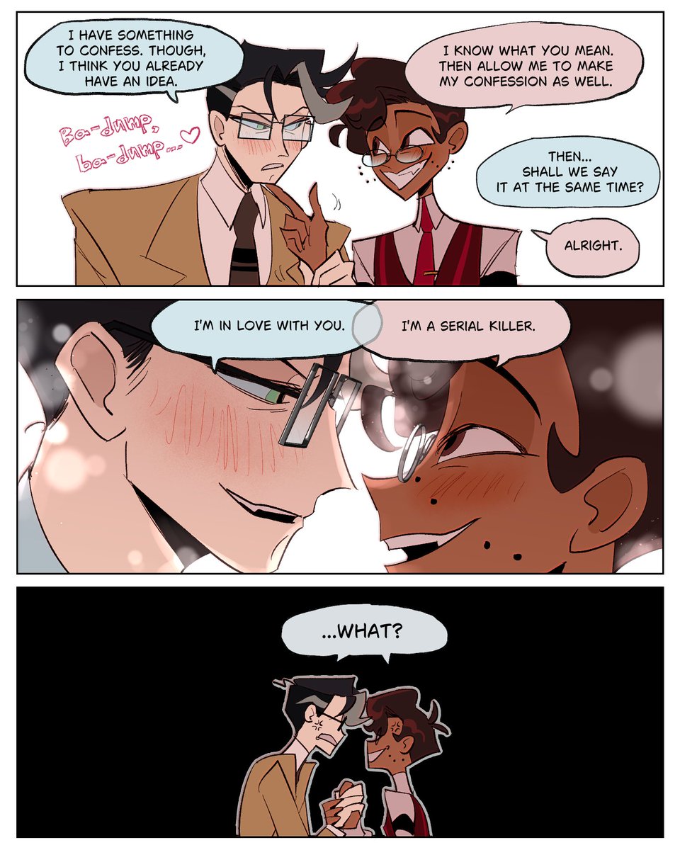 onsen_a_'s tweet photo. ①📺"I have something to confess. Though,I think you already have an idea."
🦌" I know what you mean.Then allow me to make my confession as well."
📺"Then... shall we say it at the same time?"🦌"Alright."
②📺"I'm in love with you."🦌"I'm a serial killer."
③📺🦌"...What? " https://t.co/4k5x6x0iAY