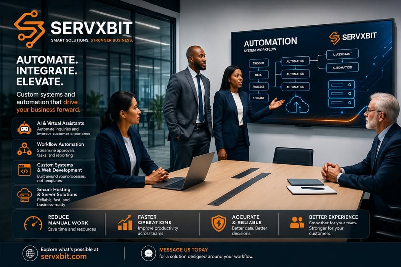servxbit's tweet photo. Stop wasting time on generic software &amp; manual tasks. ServXbit builds custom AI automation, CSR tools, websites &amp; secure hosting tailored to your business.

FREE consult: https://t.co/jeEfpkRRsV

#ServXbit #BusinessAutomation #AIAutomation #DigitalTransformation #SmartBusiness https://t.co/DRyobUeGsm