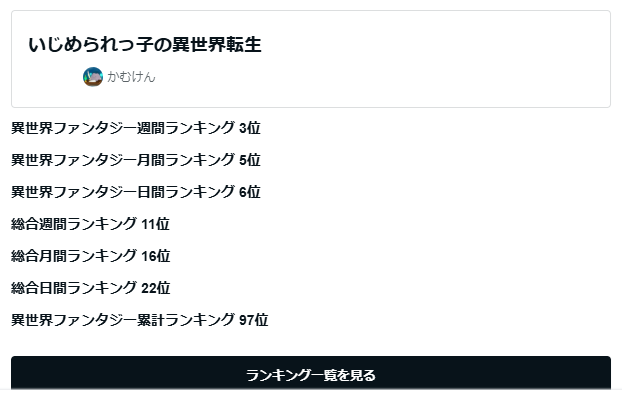 kamuken44's tweet photo. #異世界転生 #ネット小説 #ざまぁ #チート能力 #下克上
自作小説【いじめられっ子の異世界転生】の異世界ファンタジー週間順位は１０月１８日の現在、なんと！　週間３位です！　月間は５位！　２５００PV！　応援どうもです！
いじめられっ子の異世界転生｜kamu_ken https://t.co/MCDiLH4k9X #TALES https://t.co/RNqJmFyMqO