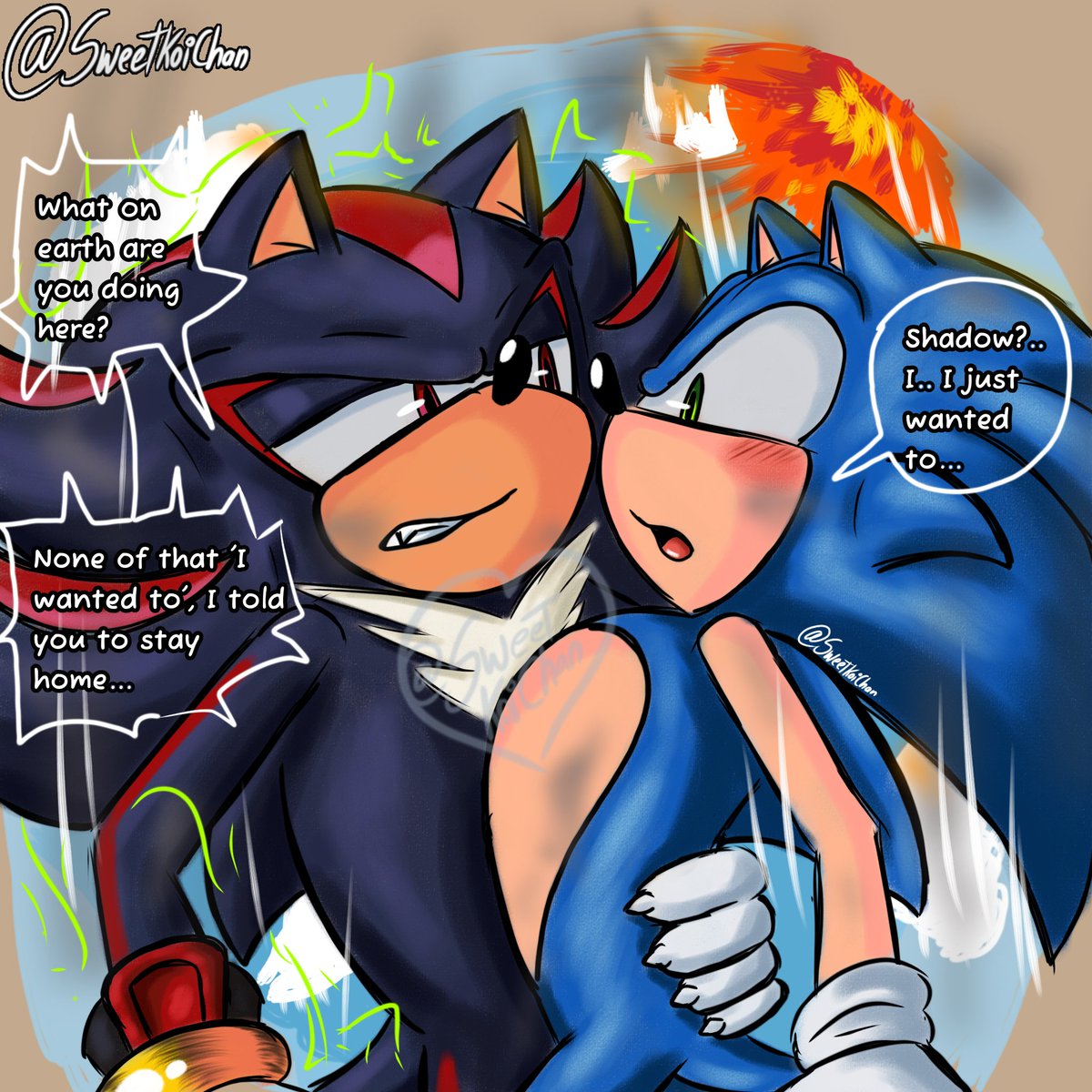 Sweetkoichan's tweet photo. ❤️"Love's Wrath"❤️
Series: "Echoes of a Heartbeat"

Shadow saves Sonic from an explosion on Eggman's ship.
Sonic shouldn't have disobeyed.

ENGLISH

#shadonic #ShadowTheHedgehog #SonicTheHedgehog https://t.co/1WvbtWtAHb