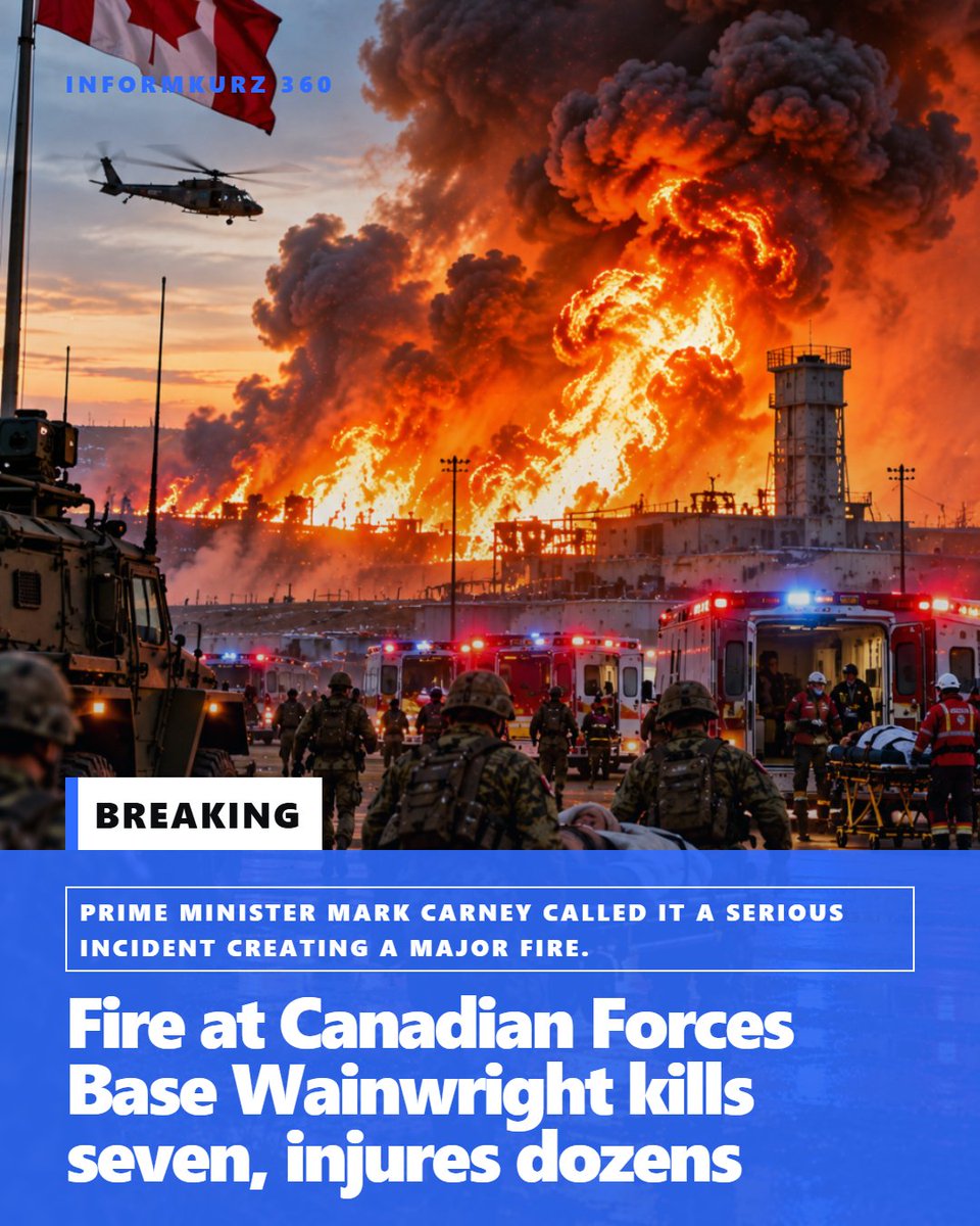informkurz's tweet photo. A fire broke out at Canadian Forces Base Wainwright shortly after 4 p.m. on Saturday, sparking a major disaster. Local media reported seven deaths and dozens of injuries

#informkurz #informkurz360 #canada #alberta #cfbwainwright #fire #disaster #defence #rcmp #emergency https://t.co/Q7QodxEcVV