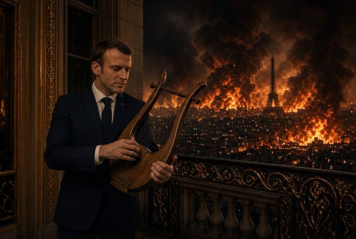 onubikles's tweet photo. « Et la grande ville s'effondra, engloutie par les flammes ; les poutres craquaient, consumées par le feu, et une fumée épaisse et noire s'élevait vers le ciel, mêlée aux cris des mourants et au fracas des remparts qui s'écroulaient... »
Macron https://t.co/hE4P2WBTBB