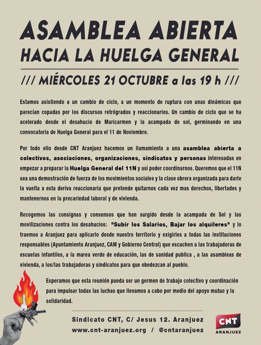 CNTAranjuez's tweet photo. 📢 Llamamiento a colectivos, asociaciones, organizaciones, sindicatos de clase e individualidades, a ser parte de la asamblea abierta para preparar la HUELGA GENERAL del 11N.

🗓️Miércoles 21 Oct
⏰19:00h
📍C/Jesús, 12, Aranjuez https://t.co/0yozpXWSF5