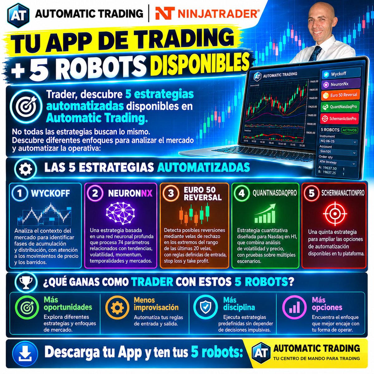 Autotradingnet's tweet photo. Ten tus 5 robots con tu App de Automatic Trading: Wyckoff, NeuronNX, Euro 50 Reversal, QuantNasdaqPro y SchermanActionPro. Y además gestiona riesgo y Copy Trading en MT5/NinjaTrader 8 y mucho más.

Descarga tu App👉https://t.co/DkfD5xrb6b
 
#Trading #MT5 #forex #algotrading https://t.co/6WUvzhuORV