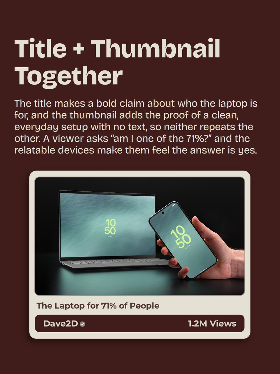 Tanzeelgfx's tweet photo. Title + Thumbnail Together

The title makes a bold claim about who the laptop is for, and the thumbnail adds the proof of a clean, everyday setup with no text, so neither repeats the other. A viewer asks “am I one of the 71%?” and the relatable devices make them feel the answer is yes.