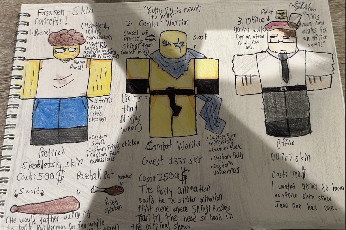HyderSamia79362's tweet photo. Uhhh made some 3 Forsaken skin concepts for fun I hope you guys like them :D (APOLOGIZE FOR THE SHITTY HANDWRITING)
#forsakenroblox #forsakenart #forsakenconcepts #skins #shedletsky #007n7 #Guest1337 #CombatGods
@isaac3523 Can you somehow approve this ? :D https://t.co/4IdPrQk0LJ