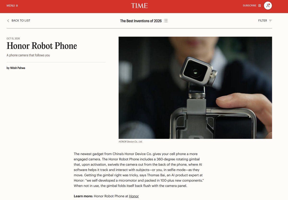 HonorKSA's tweet photo. اختارت مجلة TIME هاتف HONOR Robot Phone ضمن قائمة أفضل اختراعات 2026،
تقديرًا لنهجه المبتكر في تطوير تجربة التصوير الذكي والتفاعل مع المستخدم.
إنجاز جديد يعكس التزام HONOR بدفع حدود الابتكار وصناعة مستقبل أكثر ذكاءً واتصالًا.
#HONORRobotPhone https://t.co/9xqvsADUX6