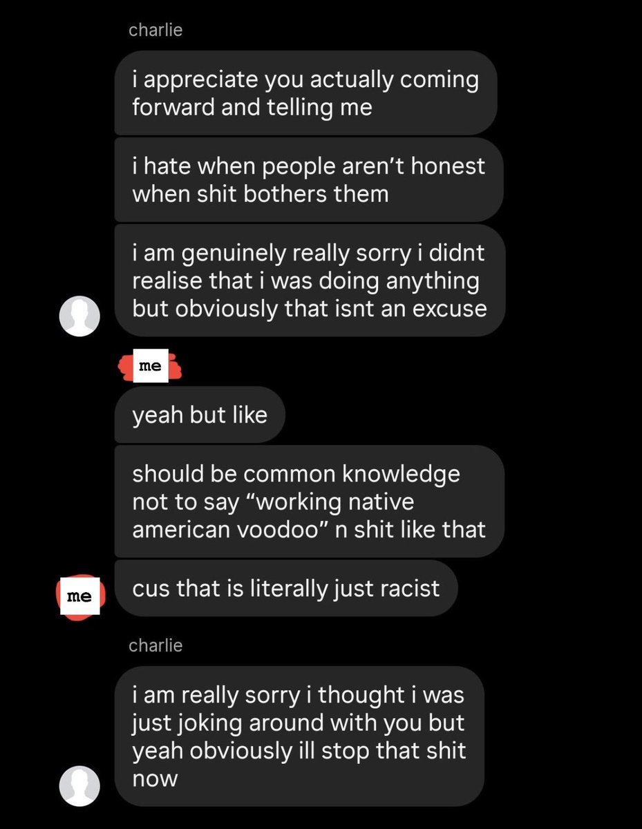 eidosx3beware's tweet photo. This is part of a larger conversation where Charlie was being called out in a few ways by our old friends, but I am just focusing on the racism. This was AFTER the first apology in the doc. I don’t think it’s okay for ANY adult to be saying stuff like this regardless of age. https://t.co/XBZiKbJJ5N