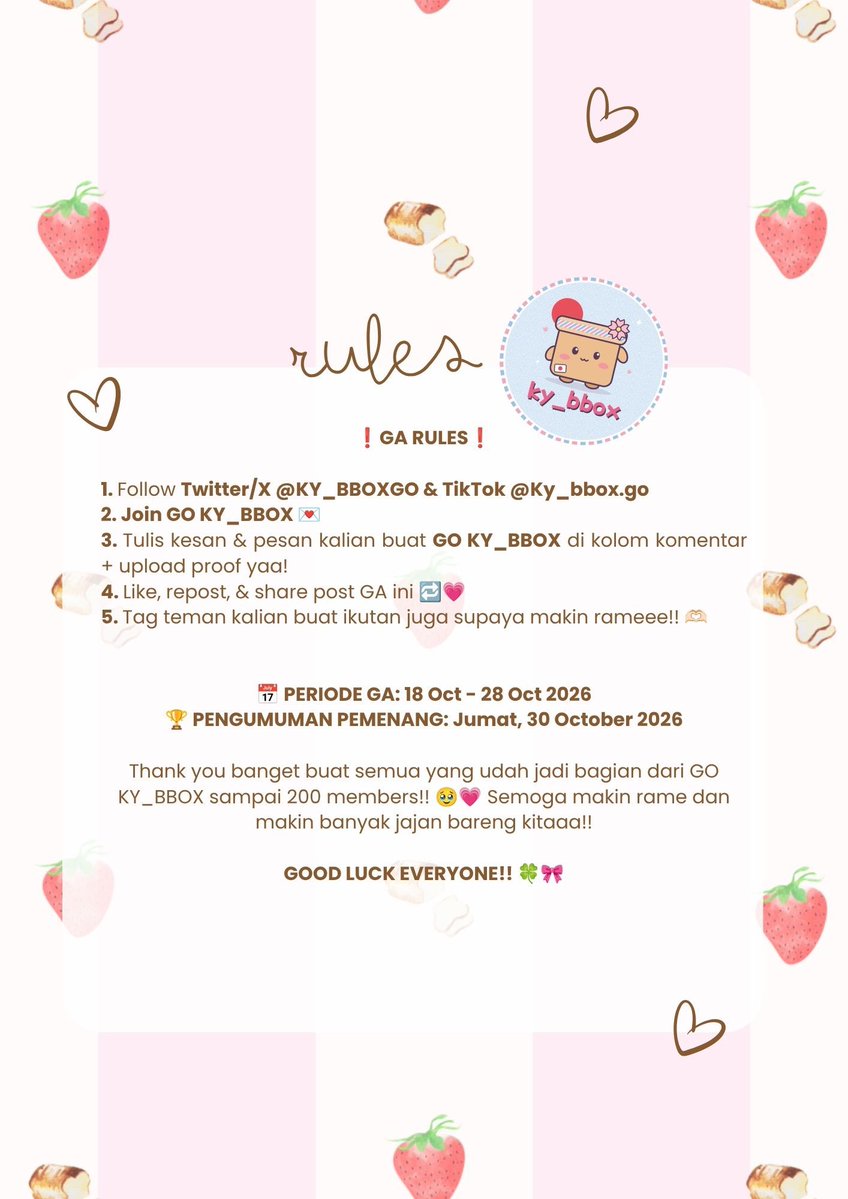 KY_BBOXGO's tweet photo. ✨ HI HIII, KY_BBOX LOVERS!! ✨

To celebrate GO KY_BBOX 200 MEMBERS 🥳💗 etmin mau ngadain GIVEAWAY nihhhh!! 🎁✨

Hadiahnya fantastis lhooo 👀💗 Jangan lupa mengikuti Rules di bawah ini yaaa untuk join. https://t.co/FNWDM8R6om
