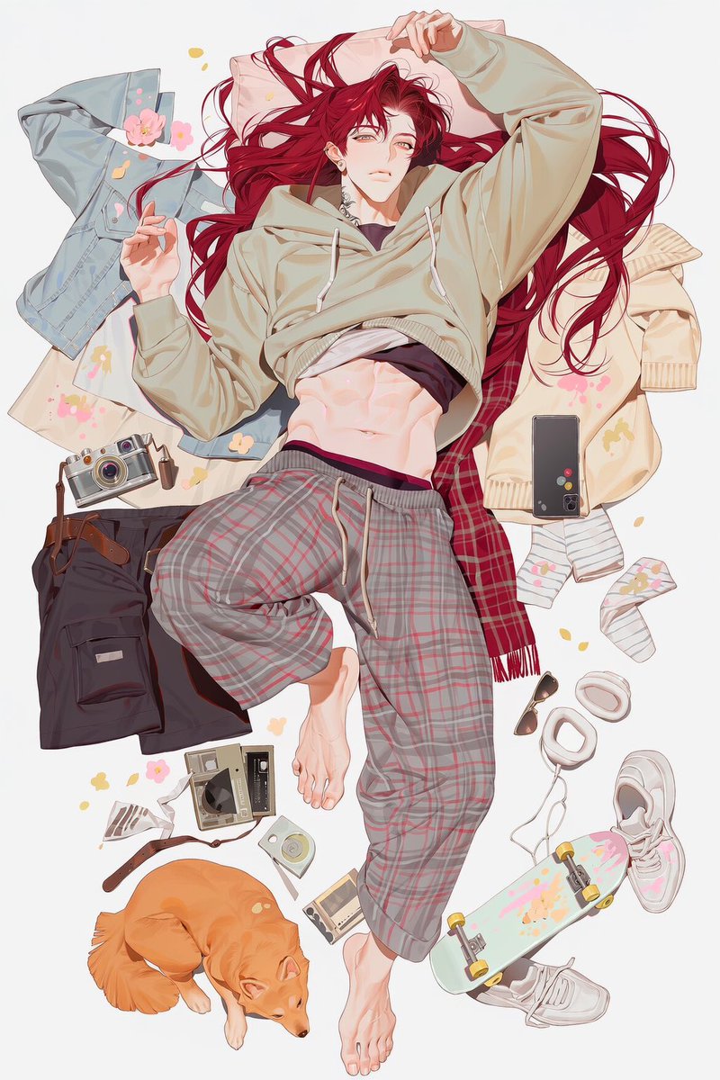 sha1shashasha's tweet photo. 🎧[𝓟𝓻𝓸𝓶𝓹𝓽]_ OFF-DUTY FASHION

* 1인 프롬 공유(Nai v5) / [color] 부분에 원하는 색 넣기!
* 2차 베포 금지. 수정 자유롭게 가능.
* 필요한 만큼 가중치를 조정해주세요.
* 남자캐릭터, 여자캐릭터 모두 사용 가능.
* 비슷한 프롬 있으면 저한테 먼저 연락 주세요.

masterpiece, best quality, 1.9::from above, flat lay, knolling, overhead view::, full body, lying on back, lying on pillow, 2::objects arranged around character, scattered items::, light pink pillow, one arm raised above head, hand on pillow, other arm raised, bent knee, leg up, barefoot, feet,

2.2::oversized [color] hoodie, loose hoodie, long sleeves, shirt lift, cropped, midriff, navel, abs, toned body::, 2.2::[color] plaid pajama pants, [color] checkered pattern, loose pants, translucent fabric, drawstring, rolled up pant legs::, burgundy waistband, boxer briefs waistband,

1.7::light blue denim jacket, cream knit sweater, red plaid scarf, black cargo pants, brown leather belt, white sneakers, striped socks::, discarded clothes, clothes laid out, 1.5::vintage film camera, silver body, leather strap::, 1.4::white wireless headphones::, 1.6::skateboard, pastel deck, yellow wheels::, cassette tapes, takeout coffee cup, sunglasses, smartphone, 1.2::an orange dog, cut, solo, fluffy fur, green eyes, lying on clothes::,

1.8::paint splatter, pastel pink and yellow paint drops, colorful paint stains on clothes and objects::, confetti, scattered flower petals,

1.8::clear white background, simple background::, 1.4::pastel colors, cream, mustard yellow, sage green, soft pink::, cozy