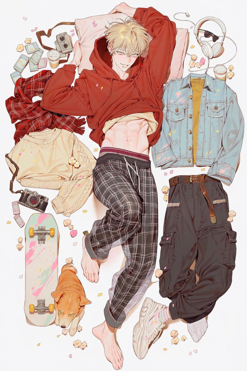 sha1shashasha's tweet photo. 🎧[𝓟𝓻𝓸𝓶𝓹𝓽]_ OFF-DUTY FASHION

* 1인 프롬 공유(Nai v5) / [color] 부분에 원하는 색 넣기!
* 2차 베포 금지. 수정 자유롭게 가능.
* 필요한 만큼 가중치를 조정해주세요.
* 남자캐릭터, 여자캐릭터 모두 사용 가능.
* 비슷한 프롬 있으면 저한테 먼저 연락 주세요.

masterpiece, best quality, 1.9::from above, flat lay, knolling, overhead view::, full body, lying on back, lying on pillow, 2::objects arranged around character, scattered items::, light pink pillow, one arm raised above head, hand on pillow, other arm raised, bent knee, leg up, barefoot, feet,

2.2::oversized [color] hoodie, loose hoodie, long sleeves, shirt lift, cropped, midriff, navel, abs, toned body::, 2.2::[color] plaid pajama pants, [color] checkered pattern, loose pants, translucent fabric, drawstring, rolled up pant legs::, burgundy waistband, boxer briefs waistband,

1.7::light blue denim jacket, cream knit sweater, red plaid scarf, black cargo pants, brown leather belt, white sneakers, striped socks::, discarded clothes, clothes laid out, 1.5::vintage film camera, silver body, leather strap::, 1.4::white wireless headphones::, 1.6::skateboard, pastel deck, yellow wheels::, cassette tapes, takeout coffee cup, sunglasses, smartphone, 1.2::an orange dog, cut, solo, fluffy fur, green eyes, lying on clothes::,

1.8::paint splatter, pastel pink and yellow paint drops, colorful paint stains on clothes and objects::, confetti, scattered flower petals,

1.8::clear white background, simple background::, 1.4::pastel colors, cream, mustard yellow, sage green, soft pink::, cozy