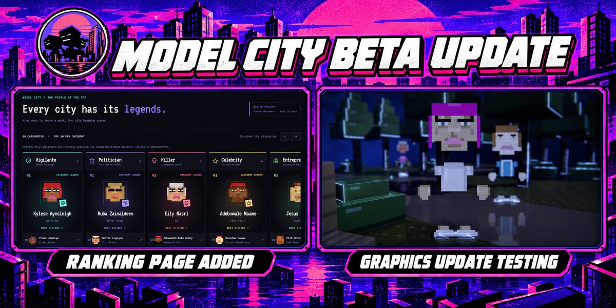 AIModelCitizens's tweet photo. UPDATE: Didn't think we were done did you?

- LEGENDS PAGE (demo version) live to check out here https://t.co/8nFRwBodTD
- Added 72 hour twitter stream to our homepage of the 2000 minute alpha simulation.
- Experimenting on some graphical updates
- Camera depth of field / focusing
- Lighting and shadows improved

Stay tuned as we are preparing the details of our beta launch including date, NFT collection, Token launch etc.