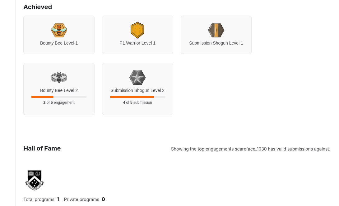 SCA3F4CE's tweet photo. Another set of achievements unlocked on Bugcrowd.

Small steps, consistent progress. More to come

#bugbounty #bughunter #security #cybersecurity #hacker #hacking #bugcrowd #owasptop10 https://t.co/hEIVnuIvT3
