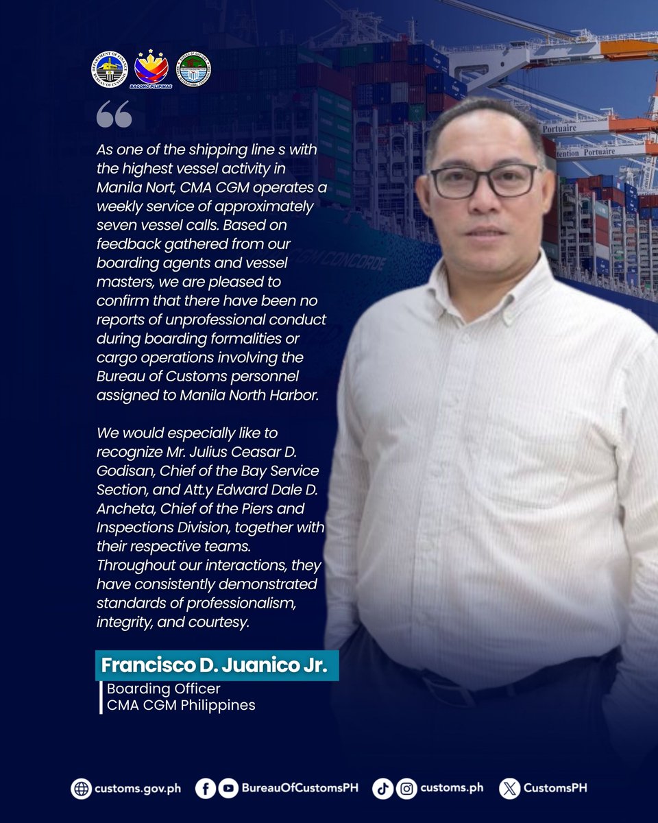 CustomsPH's tweet photo. #BOCPartnerInProgress | The Bureau of Customs (BOC) continues to earn the confidence of the shipping industry through efficient, professional, and service-oriented customs operations.

Read More: https://t.co/mNKSyUHIjq https://t.co/D6hm6nfIKb