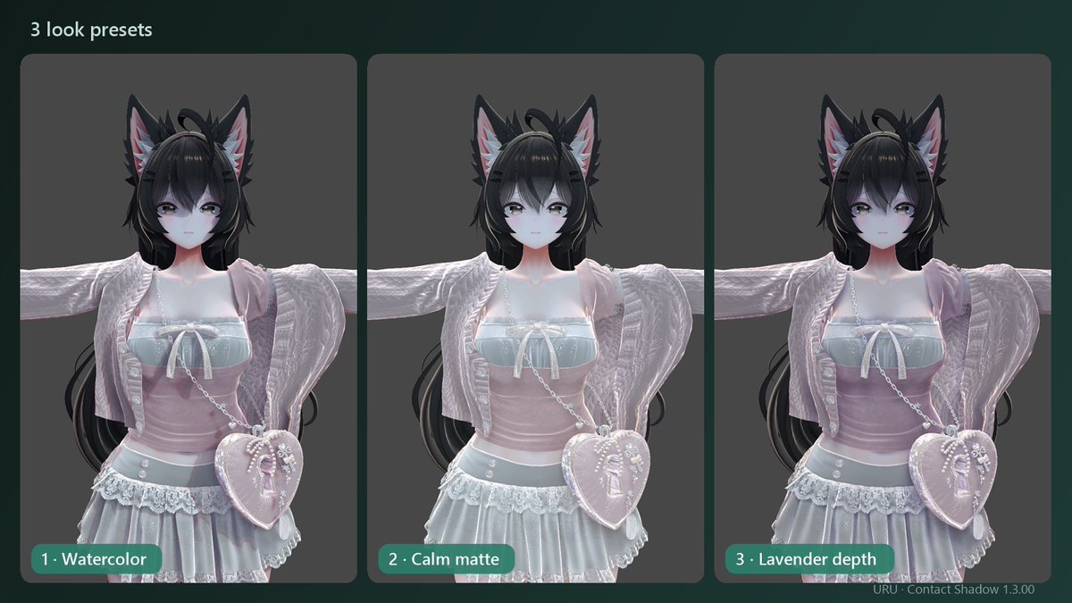 uruuru_Labs's tweet photo. 【v1.3.00】ルックプリセット3種
「水彩の影」「落ち着いたマット」「ラベンダーの立体感」。マスクなしで、影全体の雰囲気をワンクリックで適用できます。適用後に濃さや色を変えれば、自分だけのルックに。
#VRChat #lilToon #URUCS https://t.co/hnglDForxS