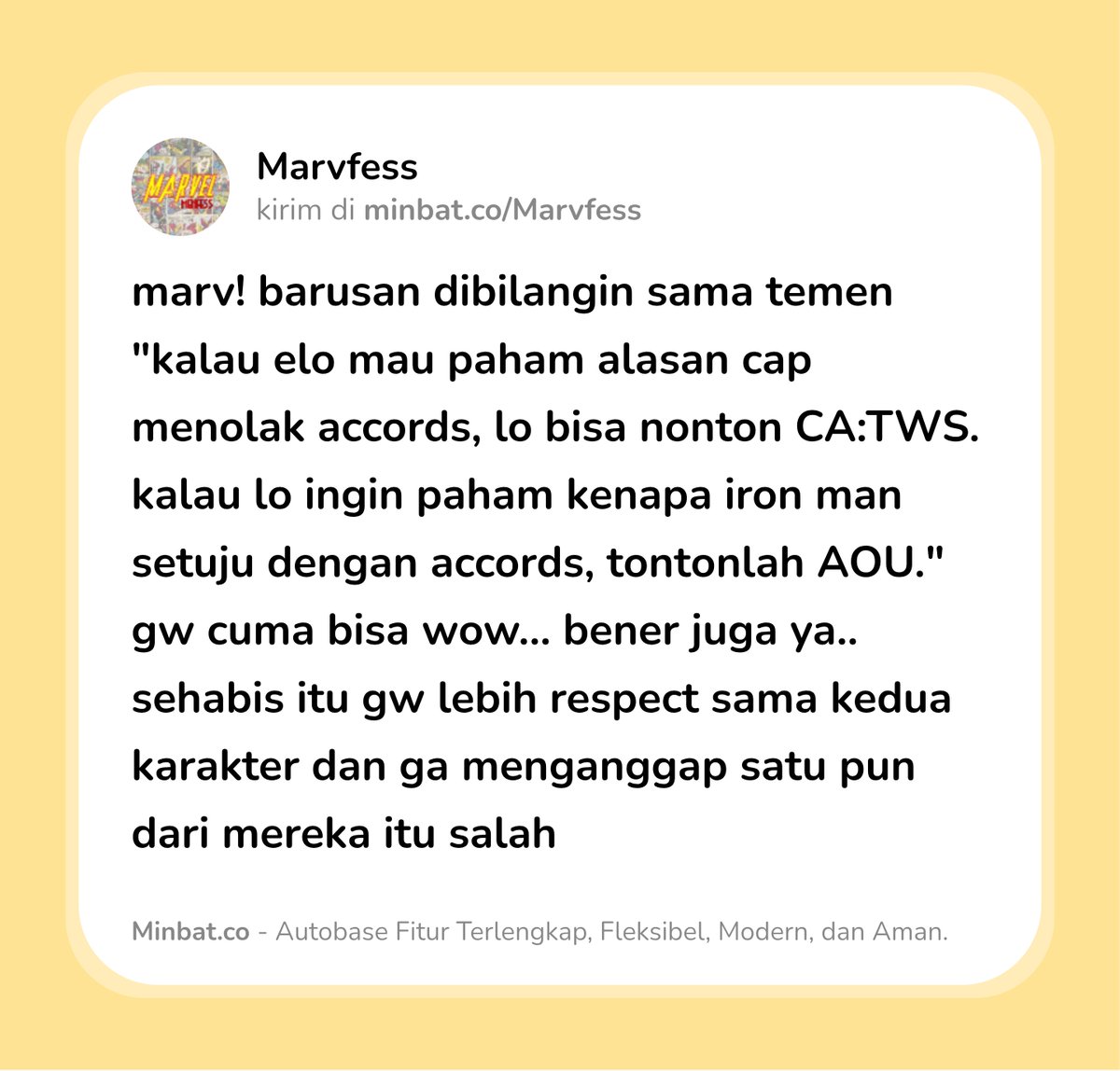 Marvfess's tweet photo. marv! jangan cuma nonton civil war aja, karena kalau nonton track record masing-masing mereka pasti bakal paham dan justify mereka berdua https://t.co/24jJIjkIZq