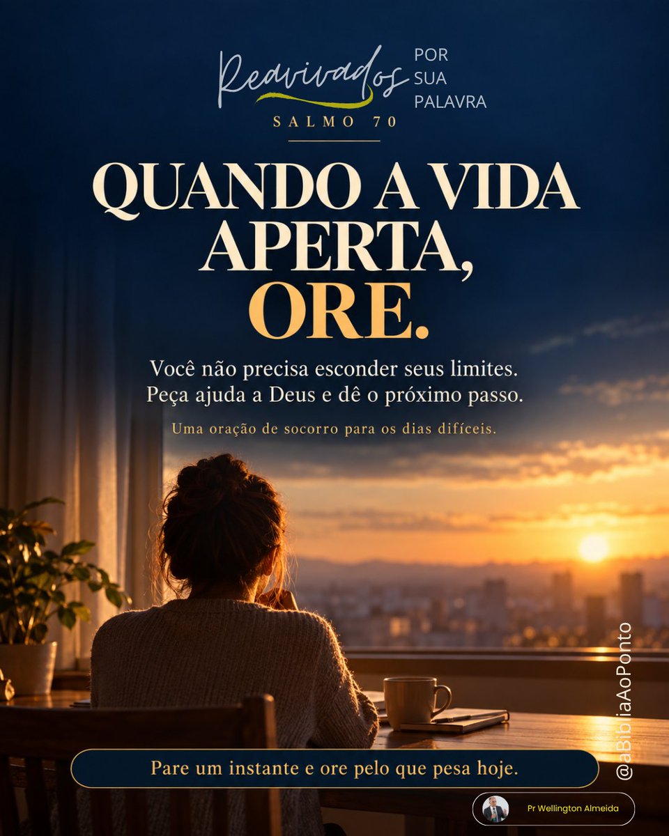 prwalmeida's tweet photo. #rpSp - #Salmo70
o Salmo mostra que podemos pedir socorro a Deus com sinceridade e urgência. Quando as cobranças se acumularem, transforme sua preocupação em oração, reconheça seus limites e peça ajuda também às pessoas próximas.
Mas niguém mais próximo de nós do que Aquele que está dentro...
Busque hoje o Espírito Santo. Pr Wellington Almeida
@prwalmeida