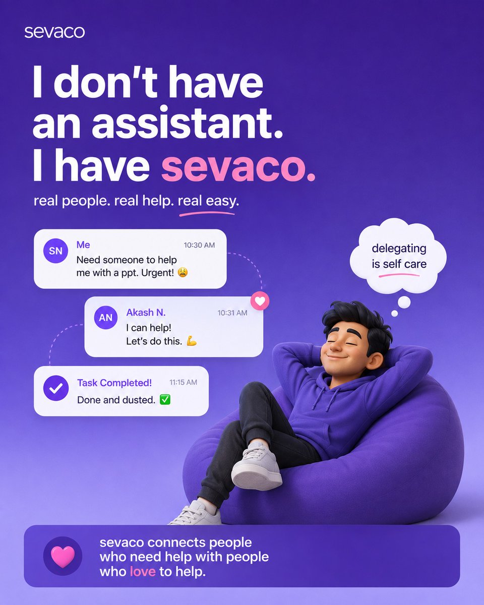SevaCosocial's tweet photo. Still doing everything yourself? 😩

Let Sevaco make life easier! 💪 From PPTs to everyday tasks, find the help you need, stress-free. 🚀

📲 Download Sevaco — link in bio! 👆

#Sevaco #EverydayHelp #DelegateDontStress #GetThingsDone https://t.co/wrh6p6AN2l