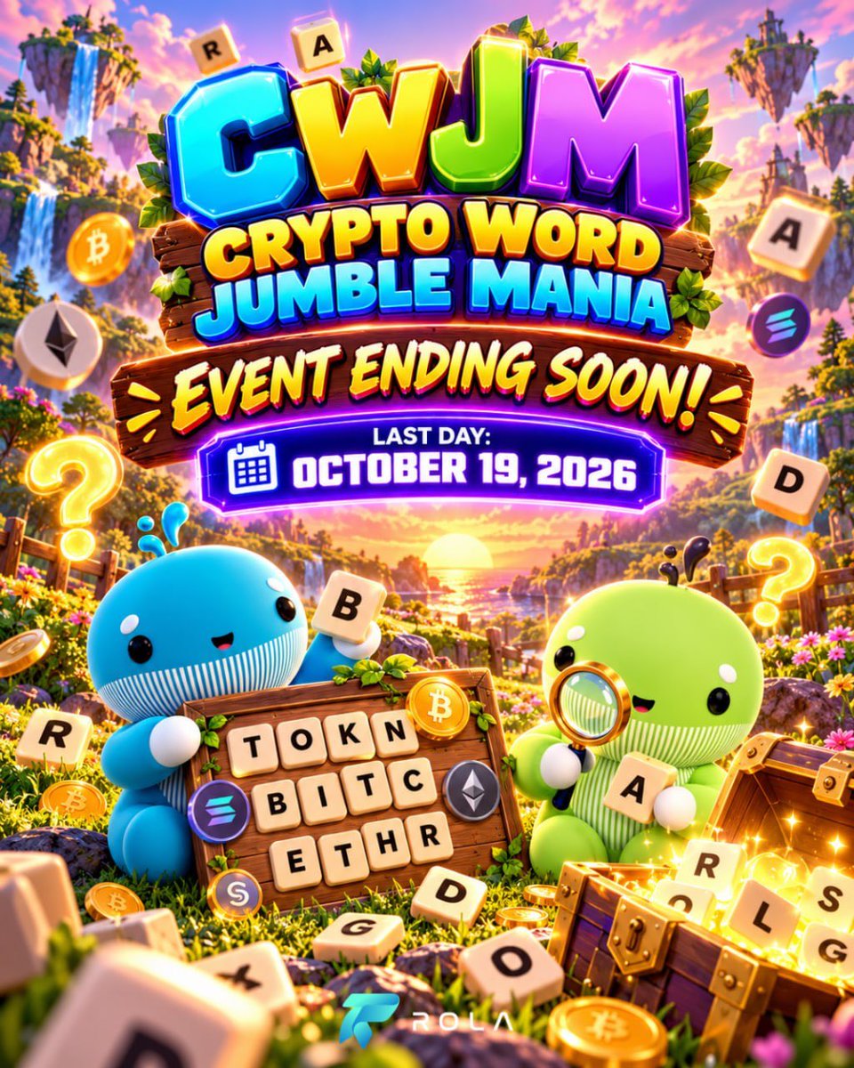officialROLAai's tweet photo. Crypto Word Jumble Mania: Event Ending Soon! 🔤

The final Crypto Word Jumble Mania round will be played on October 19, 2026. Unscramble one last set of words with us!

Thank you, Rolarians, for showing up and sharpening your word skills with us. 💙

New games, events, and competitions will be introduced. Keep an eye on our announcements!

Links in comment: 👇

#ROLA #CWJM #RolarianCommunity