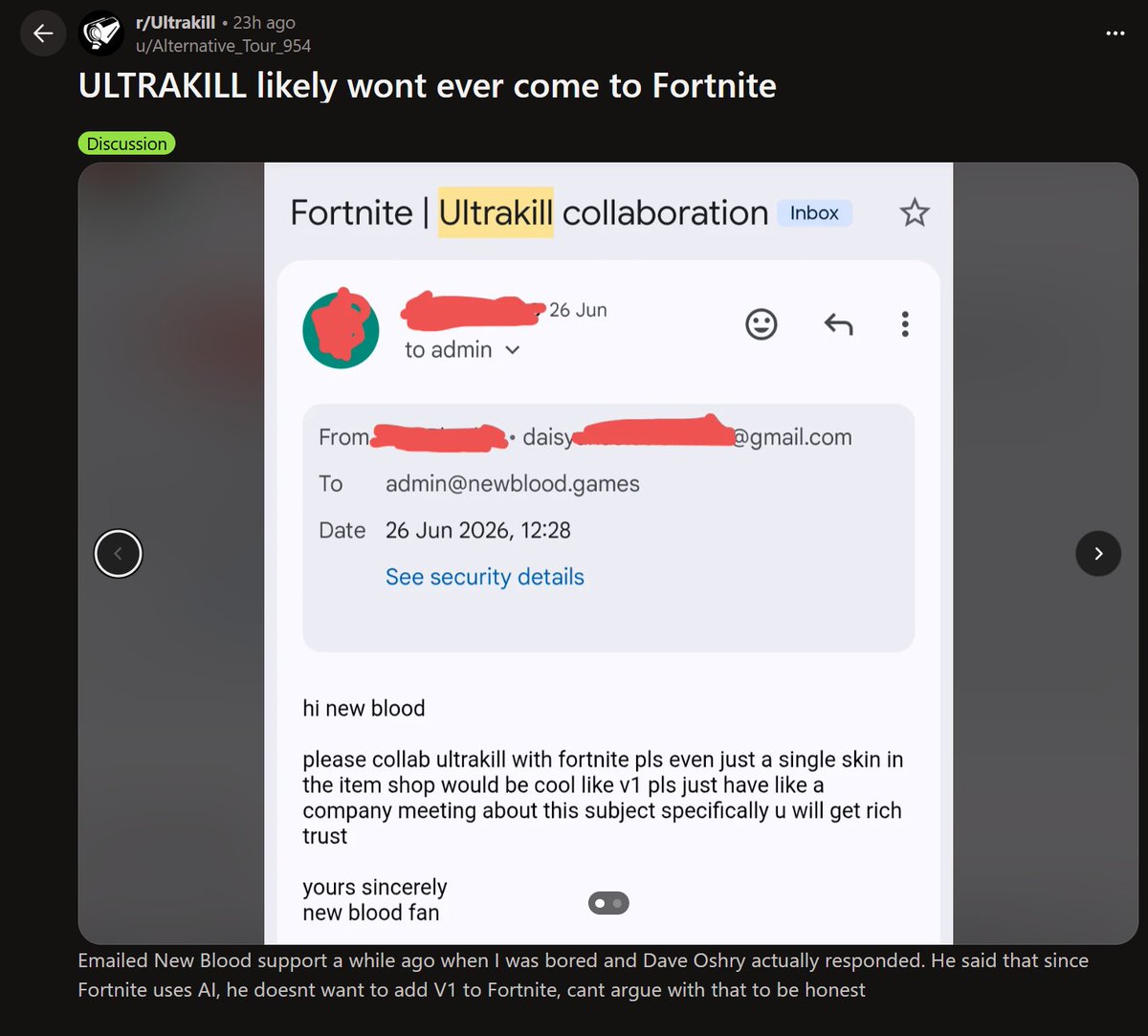 BackersGamesF's tweet photo. A ULTRAKILL x FORTNITE COLLAB IS LIKELY NEVER HAPPENING DUE TO AI

A fan asked New Blood to bring Ultrakill to Fortnite and they responded "No they use AI" https://t.co/qhuugLt6Rg