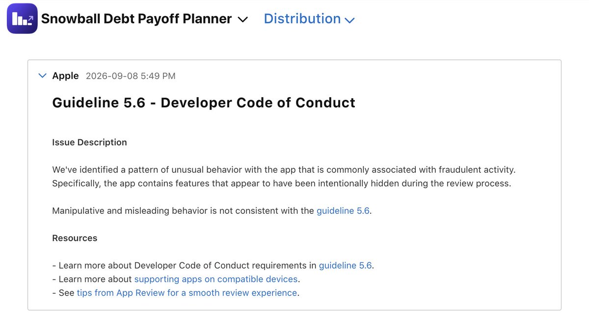 vovalukashov's tweet photo. Apple can now delete your whole developer account for a feature hidden in your binary. On Friday it became a separate rule, 2.5.19.

Apple already rejected one of my apps for this. I'd left three testing switches in the release build: screenshots-mode, slow-entitlement, UnlockedMockPurchases. Nobody could reach them from the App Store, but Apple wrote that they "appear to have been intentionally hidden".

Now I run strings on every archive before I upload.
