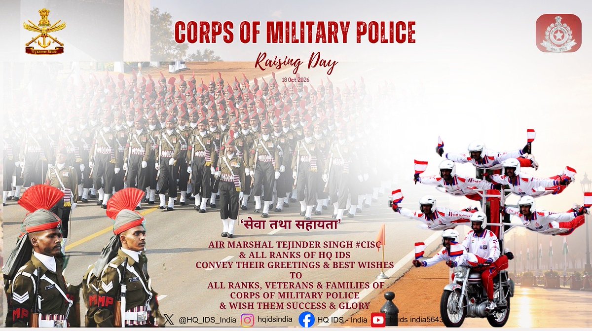 HQ_IDS_India's tweet photo. Air Marshal Tejinder Singh, #CISC and all Ranks of #HQIDS convey their warm greetings to all ranks, veterans and families of the Corps of Military Police #CMP on its Raising Day.

Saluting their unwavering dedication to military discipline, operational efficiency and  seamless functioning of the Defence Forces, upholding the proud ethos of ‘सेवा तथा सहायता’.

@DefenceMinIndia 
@SethSanjayMP 
@SpokespersonMoD 
@MIB_India