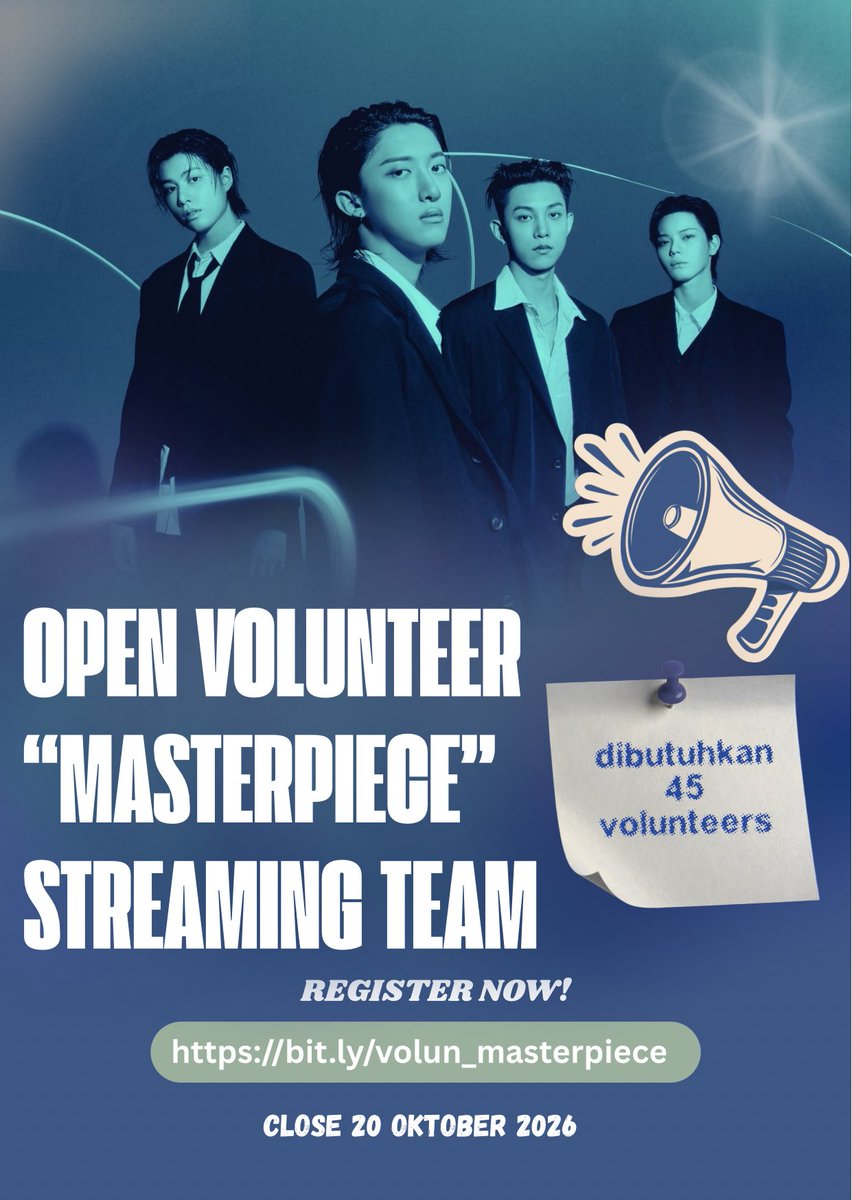 SHOTTIESMEMBARA's tweet photo. 🚨 𝗢𝗣𝗘𝗡 𝗩𝗢𝗟𝗨𝗡𝗧𝗘𝗘𝗥: 𝗠𝗔𝗦𝗧𝗘𝗥𝗣𝗜𝗘𝗖𝗘 𝗦𝗧𝗥𝗘𝗔𝗠𝗜𝗡𝗚 𝗧𝗘𝗔𝗠 🚨

LET’S BE PART OF MASTERPIECE!❤️‍🔥

Halo Shottiesdeul 🥳 👋🏻 

Dalam rangka menyambut pre-release song LNGSHOT “Masterpiece”, Shotties Membara membuka kesempatan bagi kalian yang ingin bergabung menjadi bagian dari Streaming Team Project! 🎧🎬

Kami sedang mencari Shotties yang bersedia meluangkan waktu dan berkomitmen untuk membantu memaksimalkan streaming “Masterpiece” di YouTube dan Spotify.

📌 KEBUTUHAN VOLUNTEER
▶️ YouTube Team: 30 volunteers 🎧 Spotify Team: 15 volunteers

📌 SYARAT & KETENTUAN
- Memiliki akun X yang mostly LNGSHOT
- Lebih diutamakan akun X yang tidak dikunci
- Bersedia bergabung ke dalam GDM X untuk koordinasi selama project berlangsung
- Bersedia mengirimkan proof streaming setiap hari ke GDM
- Mengirimkan minimal 3 proof streaming per hari dengan memperlihatkan jam menit awal dan menit akhir

𝗥𝗘𝗚𝗜𝗦𝗧𝗘𝗥 𝗡𝗢𝗪👇
https://t.co/hc6nQ8nxTR

📝 Jumlah volunteer akan bertambah jika terdapat minat yang besar dalam projek streaming tim ini
