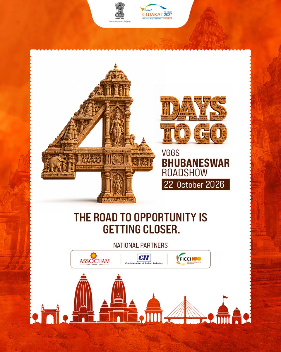 VibrantGujarat's tweet photo. 4 DAYS TO GO
VGGS 2027 ROADSHOW | BHUBANESWAR

Two growth-driven regions.  
One conversation on what comes next.

Date:  22nd October 2026 
Venue: Vivanta Bhubaneswar, DN Square - Bhubneswar, Odisha

Register for the Roadshow:
https://t.co/bccySsVBcH

Viksit Gujarat – Shaping Global Future

#VGGS2027 #VibrantGujarat #BhubaneswarRoadshow #4DaysToGo #VibrantGujarat2027 #ViksitGujarat #ShapingGlobalFuture #InvestInGujarat #GujaratOdisha #GlobalPartnerships #InvestmentOpportunities #BusinessCollaboration #EconomicGrowth #IndustrialDevelopment #BusinessNetworking #GujaratGrowthStory #OdishaBusiness #GlobalInvestors #Roadshow2026 #GrowthAndInnovation
