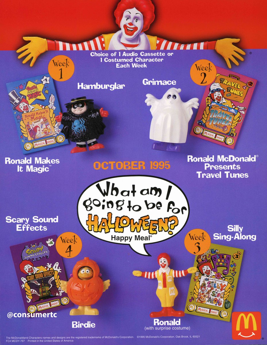 consumertc's tweet photo. In 1995, the October Happy Meal theme was "What am I going to be for Halloween." Each week, you had a choice of an audio cassette or a McDonaldland character in a detachable costume. https://t.co/kFXWZMpgbC
