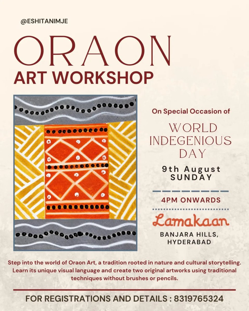 car170382's tweet photo. More than a painting workshop: explore Oraon art, its stories, and create something meaningful. No experience needed. Lamakaan, Banjara Hills, Hyderabad
9 August, 4–6 PM
₹900, on-spot registration

Limited seats. DM to register. https://t.co/oQui9M8sqR