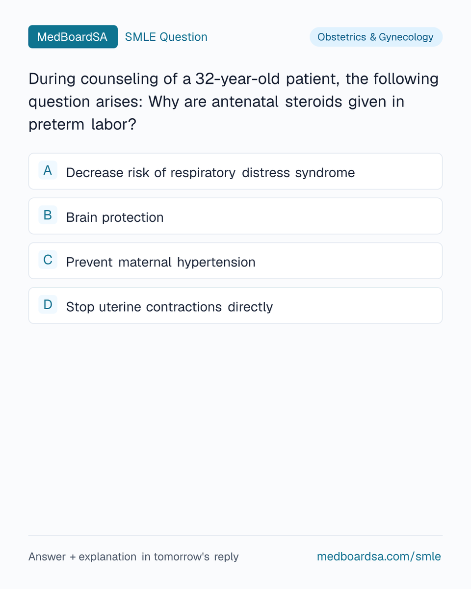 MedBoardSa's tweet photo. 🩺 SMLE Question — Obstetrics &amp; Gynecology

Test yourself — reply with your answer 👇
Answer revealed tomorrow.

#SMLE #MedEd #MedTwitter https://t.co/QCBjQbcLYa