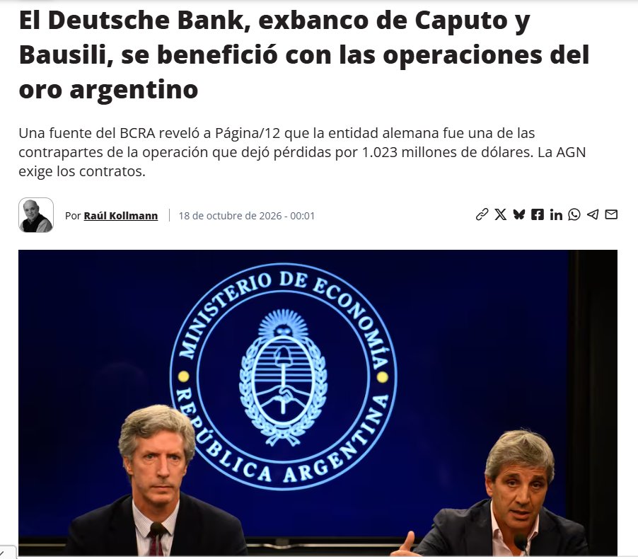 CarlosMaslaton's tweet photo. Va quedando cada vez más claro que la pérdida de 1030 millones de USD del BCRA, vendiéndose en descubierto 2 millones de onzas de oro mediante emisión de calls, no fue un error de mercado ni una irresponsabilidad financiera. No fueron al mercado y lanzaron contratos contra contrapartes anónimas e indeterminadas. Fueron y arreglaron las operaciones con mesas amigas. Estamos ante otro súper mega acto de corrupción del gobierno. Caputo, Bausili y Milei están moralmente imposibilitados de dirigir las finanzas públicas argentinas.