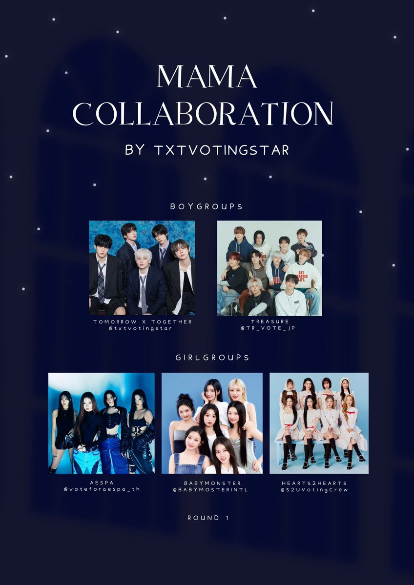 txtvotingstar's tweet photo. ☆ MAMA COLLABORATION ☆

Collaborators for MAMA FAN'S CHOICE ROUND 1 VOTING! 

BOYGROUP
    ▪︎ TOMORROW X TOGETHER 
    ▪︎ TREASURE

GIRLGROUP 
    ▪︎ AESPA 
    ▪︎ BABYMONSTER 
    ▪︎ HEARTS2HEARTS 

GOAL: 1000 per day
DRIVE: https://t.co/jLf586ySqA 
IMPORTANT: Only upload your proofs in comment section if you are unable to upload in the drive! 

For voting proof: 
    • Please hide voting ID (the bottom code)
    • Include timestamps or watermark if possible 
    • For multiple proofs in one image, please include the total votes in the file name in drive
    • Please watch out for our posts on voting count updates as surplus votes aren't guaranteed to be repaid!

Any questions, please dm us only! 
#TOMORROWXTOGETHER #2026MAMAAWARDS #TXT