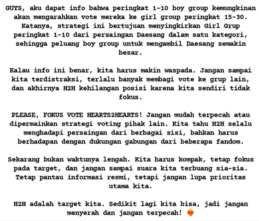 NasyaPutri16907's tweet photo. vote h2h di Beriz, Mnet, streaming Rude, lawan udh mulai jor², hype tuh tentang vote, bukn yg g jelas,jangan kasih celah sepeserpun, percuma g ada ujungnya, klo api dibles api, klo di hype trus, sma aj klian kya mereka

vote #Hearts2Hearts for Fans' Choice Female #2026MAMAVOTE https://t.co/2lVJLcQAQ8
