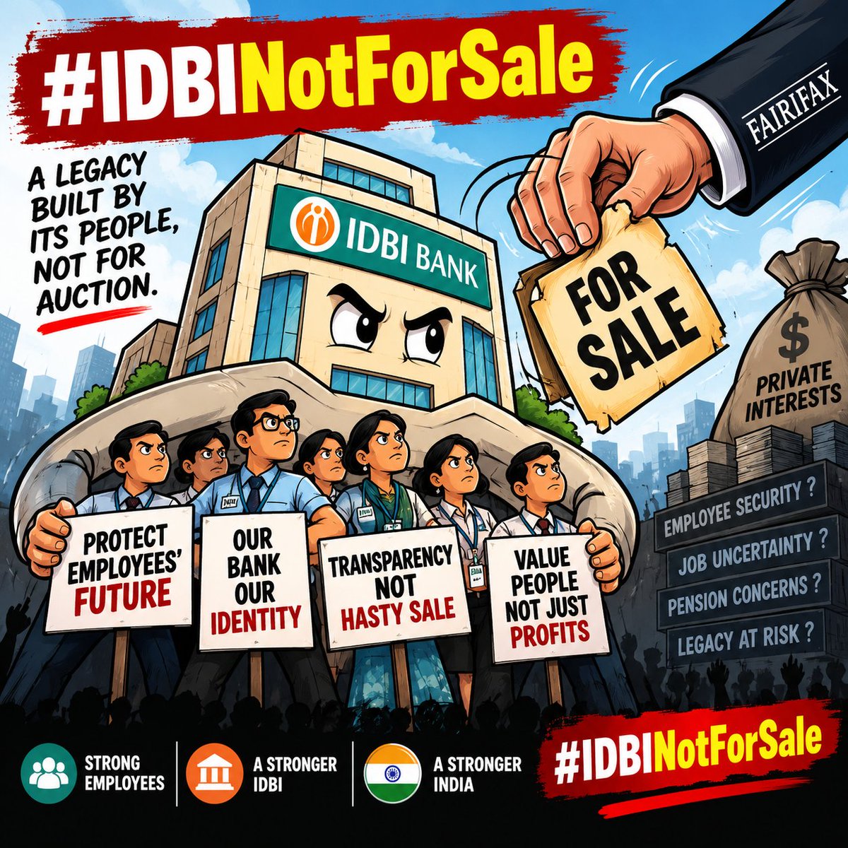 truthputhn's tweet photo. A BANK IS NOT JUST AN ASSET. IT IS PEOPLE, TRUST, AND A LEGACY.

IDBI employees deserve security. IDBI’s future deserves transparency. Our voices deserve to be heard.

Our bank. Our legacy. Our voice.

#IDBINotForSale #SaveIDBI #IDBIEmployees https://t.co/1EWdXKF1LR