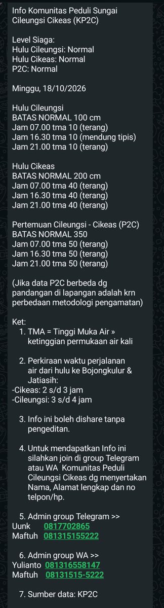 kp2c_info's tweet photo. InfoKP2C #TMA #Minggu18Oktober2026 
hulu Cileungsi, Cikeas dan P2C  Normal. 
Cuaca Cileungsi, Cikeas dan P2C terang. 
@infoJATIASIH @kec_jatiasih @pemkotbekasi @bogorkab @BPBDJabar @bpbdbogorkab @pastigana @txtdrbekasi #SiapUntukSelamat #BudayaSadarBencana #StaySafe #StayHealthy https://t.co/DFNz2RVSCj