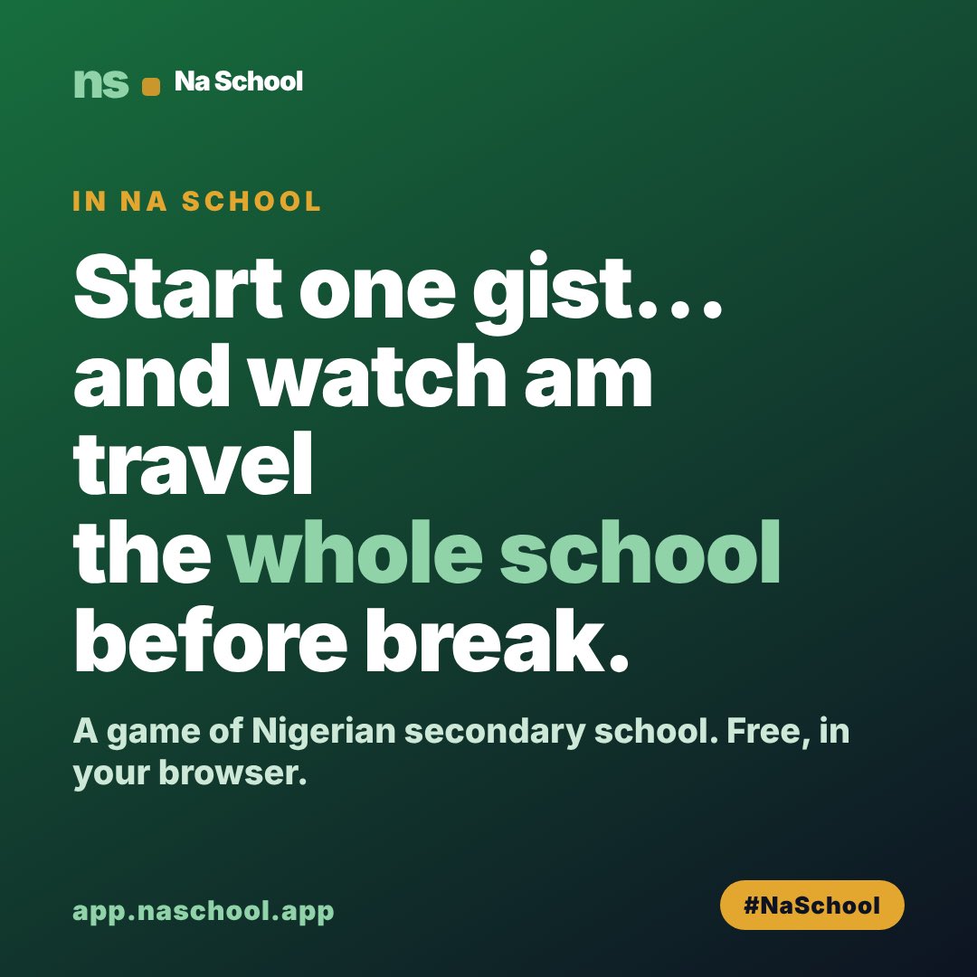 thebolanlejacob's tweet photo. In secondary school, gist no dey waka…e dey fly 😂🇳🇬

One small rumour at assembly, by break the whole school don hear am.

I built the full Nigerian secondary school experience into a game ….classes, quizzes, gist, sneaking out, debate

Free, plays in your browser👇

https://t.co/Ocyw9njhJV

#naschool #indiegame #lagoslife #Phlife #naijagames #lagos