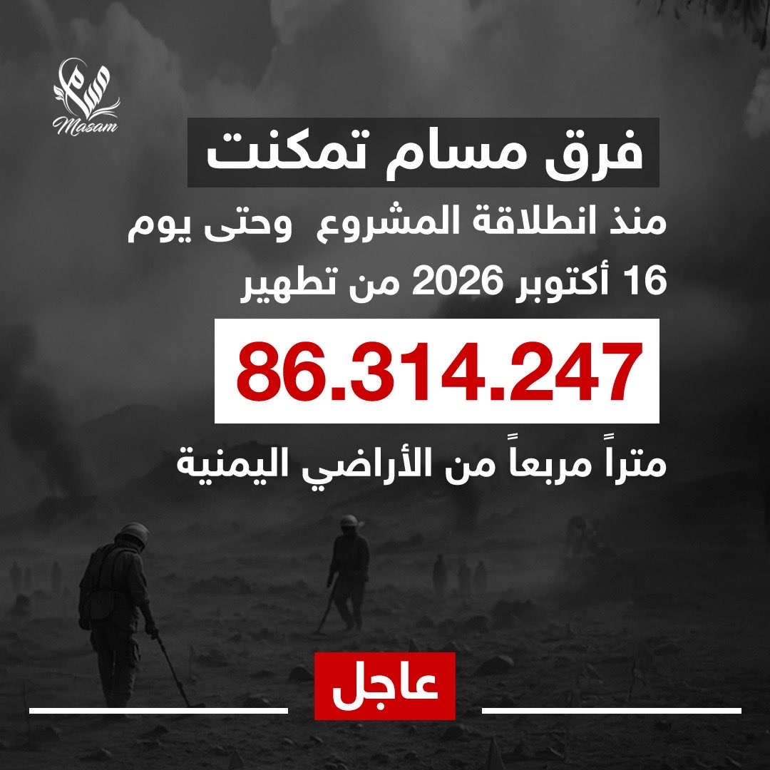 MasamProject's tweet photo. 86,314,247 متراً مربعاً من الأراضي اليمنية طهّرتها فرق مشروع «#مسام» من الألغام ومخلفات الحرب، حتى 10 أكتوبر 2026.

#اليمن https://t.co/5CHEtM02Yf
