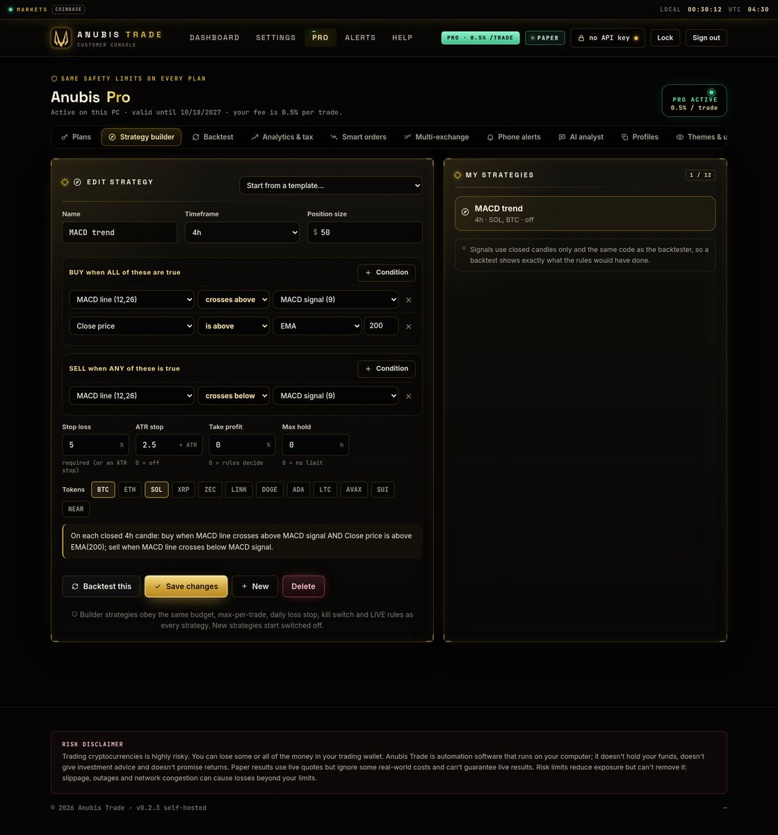 AnubisTrack's tweet photo. 𓂀 Anubis Trade update

The free app now ships with an animated Anubis chat bot that thinks and replies like a real assistant.

Coming next: Anubis Trade Pro 👑
• Build your own strategies
• Backtest before you risk a cent
• Unlimited bots + smart orders
• Phone alerts + CAD tax exports
• Lower 0.5% trade fee

Full launch soon. Stay tuned.
#AnubisTrade #crypto #tradingbot