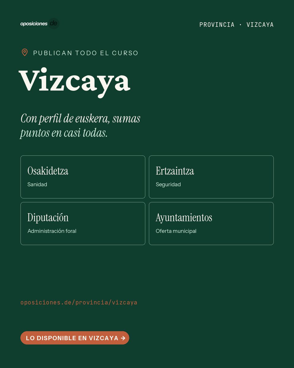 Oposicionesde's tweet photo. Vizcaya: Osakidetza, Ertzaintza, Diputacion y ayuntamientos publican a lo largo del curso. Si tienes perfil de euskera, suma puntos en casi todas. Lo disponible en la provincia: https://t.co/hNyoFORIMb https://t.co/TRAC8jDNsN