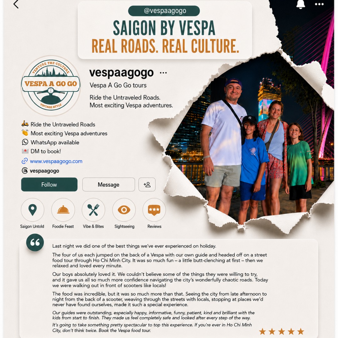 1980198002's tweet photo. One of our favourite travel memories. ” A family explored Saigon by vintage Vespa, tasting local dishes across five districts and discovering the city’s energy from day to night. https://t.co/8jtdyNTUYO